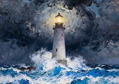 Lighthouse in Stormy Seas Painting