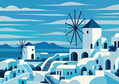 Santorini Greece Windmills Blue and White