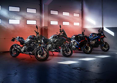 BMW Motorcycles Lineup in Garage Setting