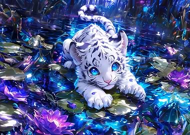 White Tiger Cub in Lily Pond