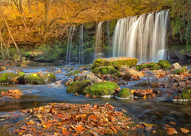 Waterfall in Autumn with Mossy Rocks