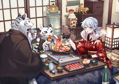 Anime characters enjoying a Japanese meal