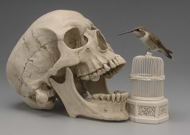 Skull, Birdcage, and Hummingbird Still Life
