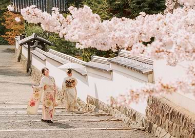 Geishas under cherry blossoms
