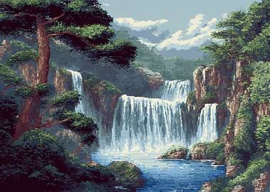 Pixel Art Waterfall Landscape