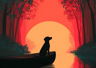 Dog in Boat at Sunset