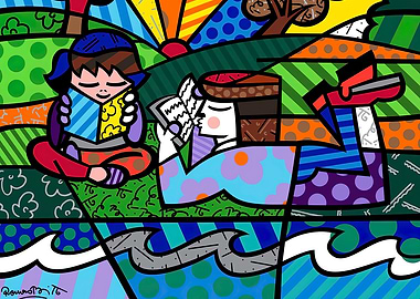 Colorful Reading Scene by Romero Britto