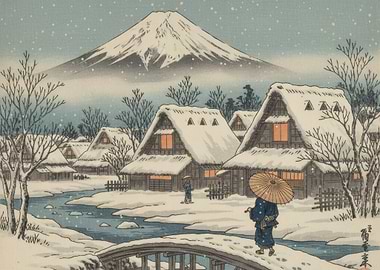 Japanese Winter Village with Mount Fuji
