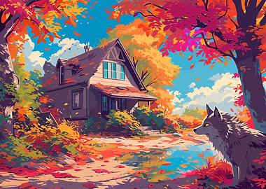 Autumn House with Wolf