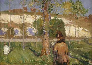 Impressionistic painting of a woman in nature, alfred sisley painting