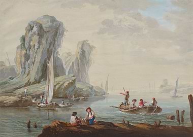 Bay with large rocks on the left and fishermen