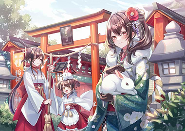 Anime Girls at Japanese Shrine