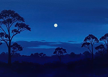 Blue Night Landscape with Moon