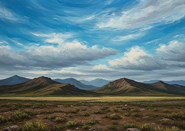 Mountain Landscape Painting with Cloudy Sky