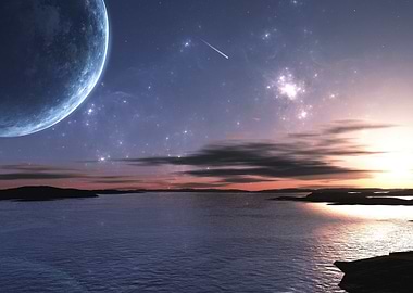 Exoplanet Landscape with Water and Meteor