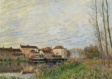 Impressionist riverside village painting