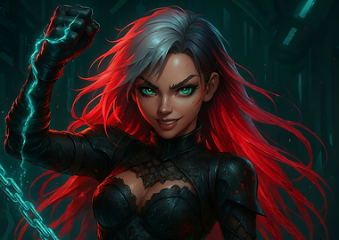 Powerful Woman with Red and White Hair