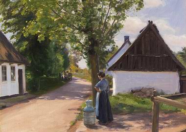 Rural Scene with Woman and Milk Can