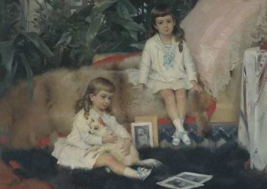 Two Girls with Dog, Painting