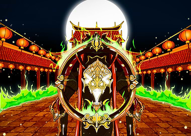 Asian Temple with Ornamental Wheel and Moon