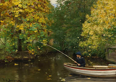 Boy Fishing from Boat in Autumn