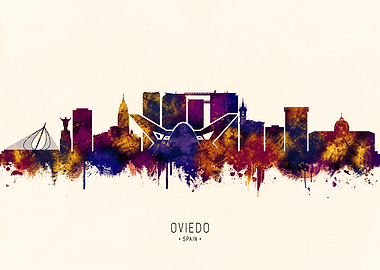 Oviedo Spain Skyline Watercolor Art