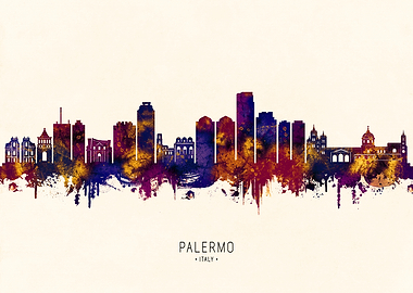 Palermo Italy Skyline Watercolor Silhouette