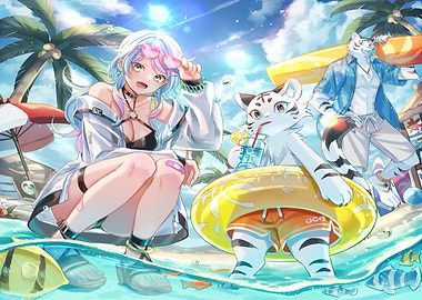 Anime Girl and Tigers at the Beach