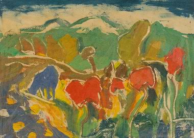 Abstract Landscape Painting with Red Flowers