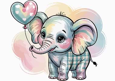 Cute Elephant with Heart Balloon