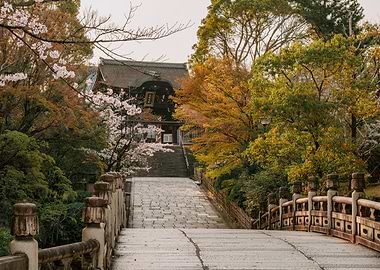 Temple in Kyoto with a stone Bridge