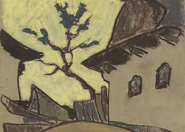 Pastel Drawing of Building and Tree