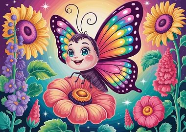 Cartoon Butterfly Character in Floral Garden