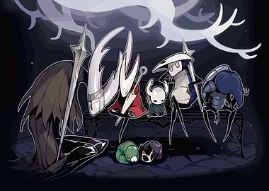 Hollow Knight characters on a bench