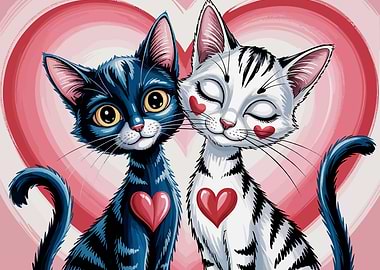Two Cats in Love with Hearts
