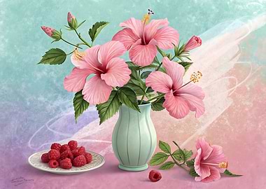 Beautiful Hibiscus with Raspberries: Decorative Still Life Art