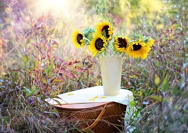 Sunflowers in vase on picnic basket