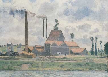 Industrial Landscape Painting with Chimneys