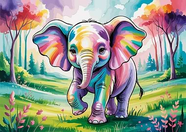 Colorful Elephant in Watercolor Landscape