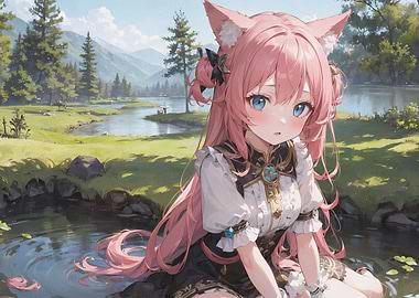 Anime Girl with Cat Ears in Nature