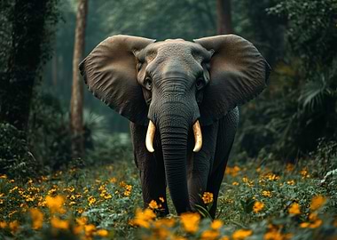Elephant in a field of flowers