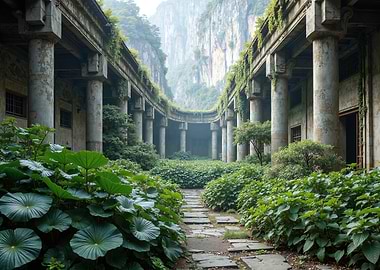 Overgrown Ruins with Mountain Backdrop