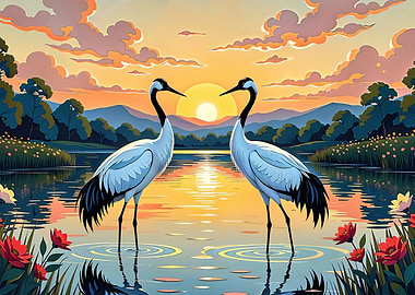 Two Cranes at Sunset