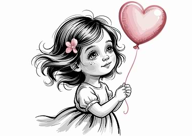 Girl with Heart Balloon Illustration