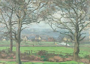 Pastoral Landscape Painting with Bare Trees