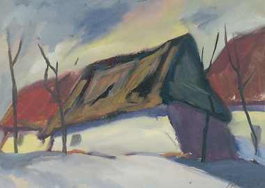 Winter Landscape Painting with Buildings