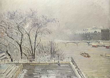 Monochrome Winter River Scene Painting