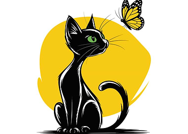 Black Cat and Butterfly Illustration