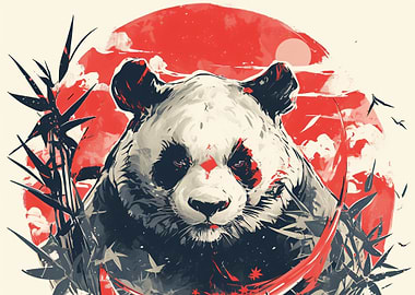 Panda with Bamboo and Red Sun