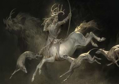 Fantasy Archer on Horseback with Hounds